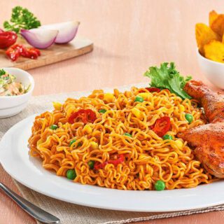 Indomie noodles with fried chicken